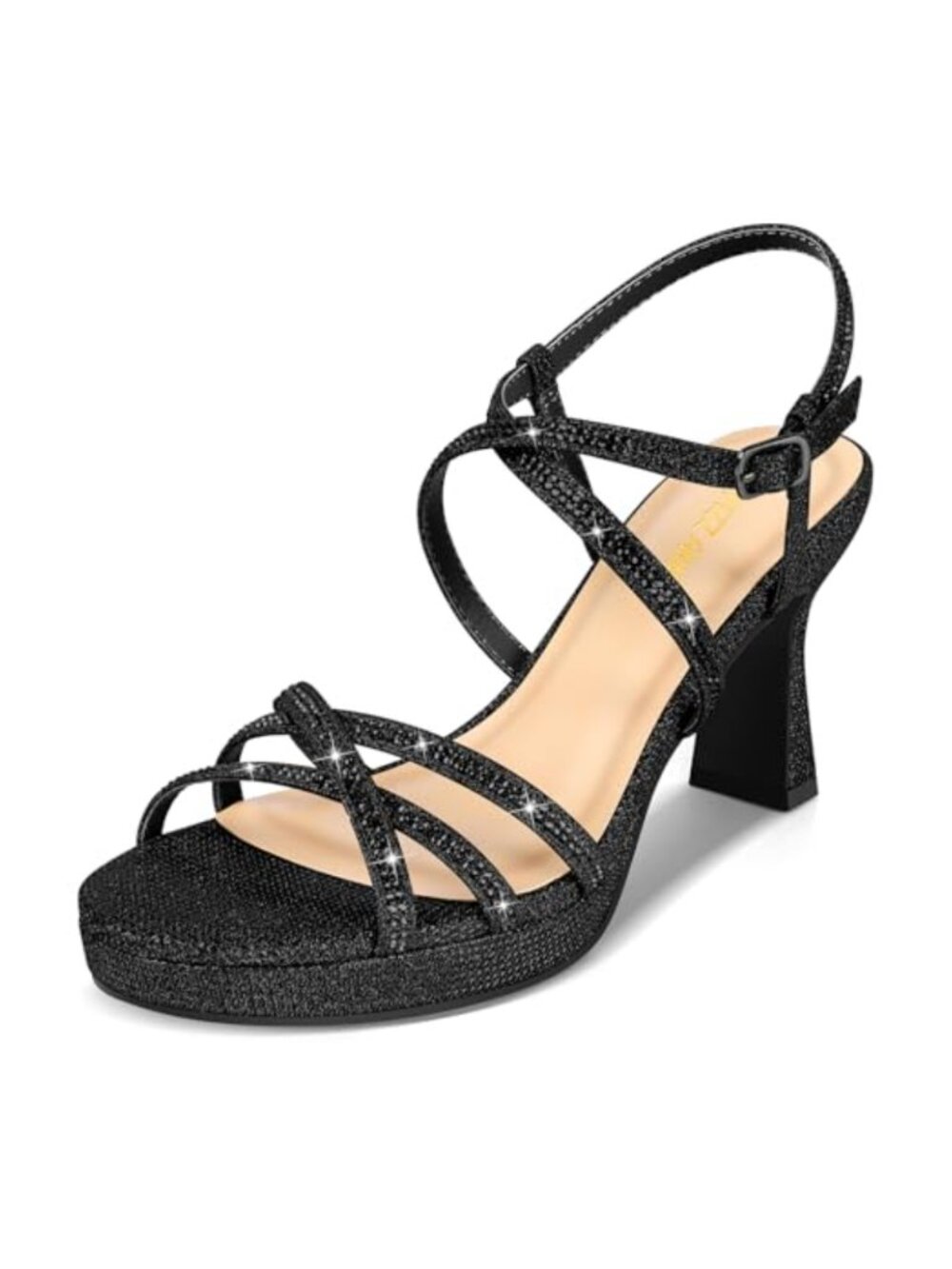 PIZZ ANNU Women's Stellora Platform High Heels Block Heel Strappy Rhinestone